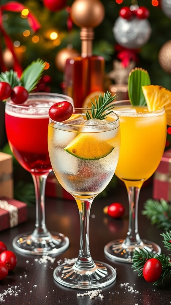 Three Christmas cocktails: Cranberry Vodka Spritzer, Pineapple Mimosa, and Spiced Rum Eggnog, garnished and ready for celebration.